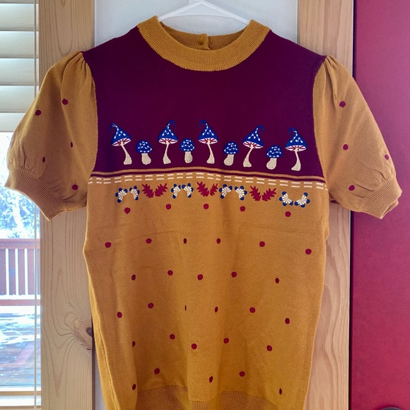 Mustard Burgundy Mushroom Polka Dot Vintage Cap Sleeve Retro Autumn Sweater - Picture 3 of 4